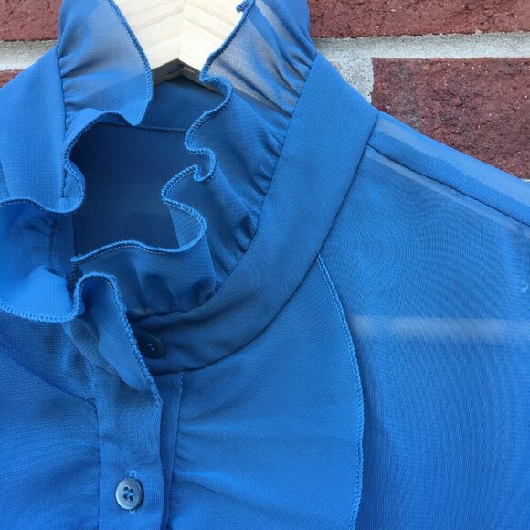 Sheer Feminine Blouse Teal Blue Medium Romantic Regal Ruffle - Picture 8 of 16